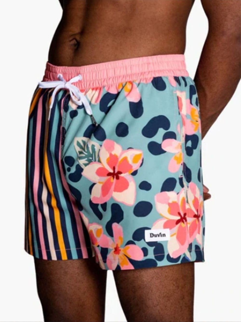 Duvin Men's Vintage Swim Trunks  L | Fun Summer Mint Floral Stripe